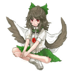 Rule 34 | 1girl, barefoot, black hair, bow, cape, female focus, full body, hair bow, indian style, interlocked fingers, long hair, ma nyan (nyao mao nyao), red eyes, reiuji utsuho, shoes, short sleeves, simple background, single shoe, sitting, smile, solo, third eye, touhou, traditional media, wings