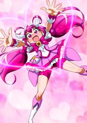 1girl bike_shorts blush boots bowtie brooch cure_happy dress heart high_heel_boots high_heels hiro68 hoshizora_miyuki jewelry long_hair low_twintails magical_girl open_mouth pink_bow pink_bowtie pink_dress pink_eyes pink_hair pink_shorts precure short_sleeves shorts smile smile_precure! solo tiara twintails two-tone_footwear wing_hair_ornament