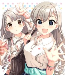 Rule 34 | 2girls, absurdres, arm up, bag, black ribbon, blue eyes, blush, braid, braided bangs, breasts, brown eyes, chestnut mouth, clothes around waist, collarbone, dot nose, earrings, grey hair, grey skirt, hair ribbon, hands up, highres, hisakawa hayate, hisakawa nagi, holding, holding bag, idolmaster, idolmaster cinderella girls, idolmaster cinderella girls starlight stage, jacket, jewelry, long hair, long sleeves, looking at viewer, low twintails, medium breasts, multiple bracelets, multiple girls, necklace, open clothes, open hand, open jacket, open mouth, pink jacket, plaid, plaid skirt, pleated skirt, popon ta, ribbon, school bag, school uniform, shirt, short sleeves, siblings, sisters, skirt, smile, star (symbol), starry background, twins, twintails, v-shaped eyebrows, very long hair, white background, white shirt
