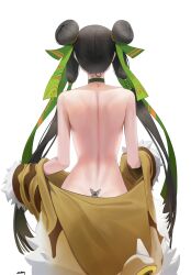 Rule 34 | 1girl, absurdres, animal costume, animal print, back, back focus, back tattoo, bare shoulders, bb aa, black hair, black survival, butterfly tattoo, choker, double bun, eternal return: black survival, from behind, green choker, hair bun, hair ornament, hair tubes, highres, li dailin, long hair, median furrow, official alternate costume, partially undressed, simple background, solo, tattoo, tiger costume, tiger print, topless, twintails, very long hair, white background