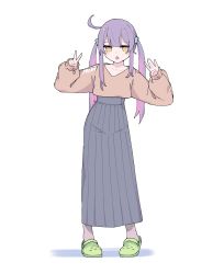 Rule 34 | 1girl, absurdres, black skirt, blush, brown shirt, cowlick, crocs, full body, highres, long hair, long skirt, long sleeves, looking at viewer, lyrinne, open mouth, original, puffy long sleeves, puffy sleeves, purple hair, shirt, shirt tucked in, simple background, skirt, solo, standing, twintails, v, v-neck, w, white background, yellow eyes