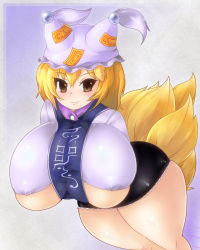 Rule 34 | 1girl, animal ears, blonde hair, breasts, covered erect nipples, fangs, female focus, fox ears, fox tail, gigantic breasts, hat, looking at viewer, oukadan, smile, standing, tagme, tail, thick thighs, thighs, touhou, underboob, yakumo ran, yellow eyes