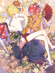 Rule 34 | 1boy, absurdres, bare legs, barefoot, blonde hair, closed mouth, commentary, crossed legs, folding fan, gigantic o.t.n (vocaloid), green eyes, hand fan, highres, holding, holding fan, japanese clothes, jitome, kagamine len, lantern, leaf, long sleeves, looking at viewer, male focus, maple leaf, paper lantern, rosette (yankaixuan), sitting, solo, topless male, vocaloid, wide sleeves