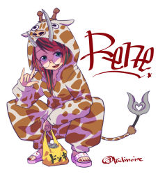 Rule 34 | 1girl, alternate costume, bag, beer can, black hair, blue eyes, breasts, can, cleavage, commentary request, demon girl, demon horns, demon tail, drink can, full body, giraffe costume, glasses, highres, holding, holding bag, horns, long hair, looking at viewer, m/, medium breasts, multicolored hair, nanashi inc., onesie, open mouth, pointy ears, red hair, round eyewear, ryugasaki rene, shigeohji, shopping bag, signature, simple background, smile, solo, squatting, sugar lyric, tail, two-tone hair, virtual youtuber, white background