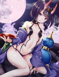 Rule 34 | 1girl, blunt bangs, bob cut, breasts, cherry blossoms, fate/grand order, fate (series), full moon, gomano rio, gourd, highres, horns, japanese clothes, looking at viewer, moon, oni, outdoors, purple eyes, purple hair, revealing clothes, short hair, shuten douji (fate), shuten douji (first ascension) (fate), skin-covered horns, small breasts, solo, thighs