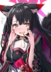 Rule 34 | 1girl, :d, animal ears, black hair, black nails, blue archive, blunt bangs, blush, breasts, cleavage, commentary request, embarrassed, eyeshadow, fox ears, fox girl, fox tail, hair between eyes, halo, long hair, long sleeves, looking at viewer, makeup, medium breasts, obi, obiage, open mouth, parted bangs, pensuke, sash, school uniform, serafuku, sidelocks, simple background, smile, solo, tail, wakamo (blue archive), white background, yellow eyes