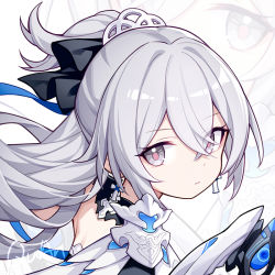 Rule 34 | 1girl, armor, armored dress, black bow, bow, bronya zaychik, bronya zaychik (silverwing: n-ex), chinese commentary, closed mouth, commentary request, crossed bangs, grey eyes, hair between eyes, hair bow, hair ornament, honkai (series), honkai impact 3rd, long hair, looking at viewer, portrait, quan (kurisu tina), serious, signature, silver hair, solo, tagme