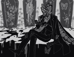 Rule 34 | 1boy, absurdres, animal head, blood, bug, butterfly, coat, coat on shoulders, coffin, flower, funeral of the dead butterflies, gloves, greyscale, highres, insect, lobotomy corporation, maskv, monochrome, pants, project moon, sitting, spider lily, vest