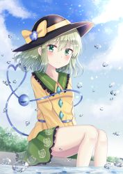 Rule 34 | 1girl, aqua hair, bad id, bad pixiv id, between legs, black hat, blue sky, blush, breasts, cloud, commentary request, day, floral print, flower, glint, green eyes, green skirt, hair between eyes, hand between legs, hat, hat flower, hat ribbon, heart, heart of string, komeiji koishi, light particles, light smile, long sleeves, looking at viewer, nibosi, outdoors, partial commentary, ribbon, rose print, shirt, short hair, sitting, skirt, sky, small breasts, soaking feet, solo, third eye, touhou, water, water drop, yellow shirt