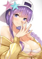 Rule 34 | 10s, 1girl, anza tomo, backwards hat, bare shoulders, baseball cap, bb (fate), bb (fate) (all), bb (swimsuit mooncancer) (fate), bb (swimsuit mooncancer) (first ascension) (fate), bikini, bikini top only, blush, braid, breasts, cleavage, closed mouth, collarbone, cropped jacket, fate/extra, fate/extra ccc, fate/grand order, fate (series), fingers together, hat, hat ornament, highres, jacket, large breasts, long hair, looking at viewer, off shoulder, purple eyes, purple hair, simple background, smile, solo, star (symbol), star hat ornament, swimsuit, very long hair, white background, white bikini, yellow jacket