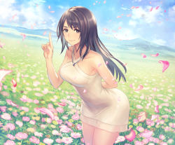 Rule 34 | 1girl, absurdres, anbe yoshirou, arm behind back, black hair, blue sky, dress, field, final fantasy, final fantasy viii, flower, flower field, highres, huge filesize, index finger raised, jewelry, leaning forward, long hair, mountainous horizon, multicolored hair, necklace, petals, rinoa heartilly, sky, smile, solo, two-tone hair, white dress