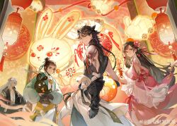 Rule 34 | 1girl, 3boys, absurdres, black hair, chinese clothes, festival, hand fan, hanfu, highres, holding, holding fan, huanyoucai, lantern, long hair, long sleeves, looking at viewer, looking back, multiple boys, orange theme, original, paper lantern, parted bangs, rabbit, tassel, white hair, wide sleeves