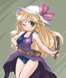 Rule 34 | 1girl, alternate costume, belt, blonde hair, blush, bow, breasts, folded fan, collarbone, colored eyelashes, dress, hand fan, folding fan, hand on own hip, hat, hat bow, long hair, looking at viewer, one-piece swimsuit, one eye closed, open clothes, open dress, purple dress, single strap, smile, solo, sun hat, swimsuit, thighs, touhou, very long hair, watatsuki no toyohime, winn