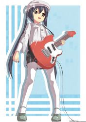 Rule 34 | 1girl, black hair, brown eyes, electric guitar, from below, guitar, hat, instrument, k-on!, long hair, nakano azusa, open mouth, pantyhose, plectrum, smile, solo, touboku, twintails, white pantyhose