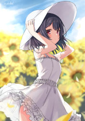 Rule 34 | 1girl, arms up, black hair, blurry, blurry background, blush, closed mouth, commentary, day, depth of field, dress, eluthel, flower, frilled dress, frills, hat, highres, idolmaster, idolmaster shiny colors, morino rinze, outdoors, petals, red eyes, see-through, see-through sleeves, short sleeves, solo, standing, sun hat, sundress, sunflower, twitter username, white dress, white hat, yellow flower