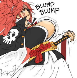 Rule 34 | 1girl, absurdres, baiken, bb (baalbuddy), bouncing breasts, breasts, cleavage, colorized, english text, eyepatch, frown, guilty gear, hand on hilt, highres, huge breasts, katana, long hair, red hair, solo, sound effects, sword, third-party edit, weapon, yellow eyes