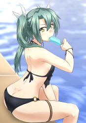 Rule 34 | 1girl, absurdres, akito (sub707), ass, bikini, black bikini, bracelet, breasts, butt crack, dimples of venus, eating, food, green hair, hair between eyes, hair ribbon, highres, jewelry, kantai collection, light blush, long hair, looking at viewer, looking back, medium breasts, pool, poolside, popsicle, ribbon, sitting, solo, swimsuit, thigh strap, twintails, water, white ribbon, yellow eyes, zuikaku (kancolle)