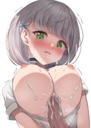 Rule 34 | 1girl, absurdres, blush, breasts, censored, cum, cum on body, cum on breasts, cum on upper body, facial, green eyes, grey hair, hashira 14, highres, hololive, large breasts, looking at viewer, mosaic censoring, nipples, open mouth, paizuri, penis, shirogane noel, short hair, solo focus, tears, trembling, virtual youtuber