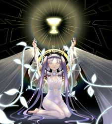 Rule 34 | 1girl, barefoot, choker, cup, fate/grand order, fate/hollow ataraxia, fate (series), glowing, chalice, halo, headband, holy grail, kneeling, legs, long hair, open mouth, panties, purple eyes, purple hair, purple panties, see-through, stheno (fate), tagme, thighs, twintails, underwear, very long hair