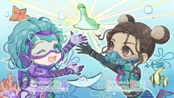 Rule 34 | 2girls, angelfish, animification, apex legends, black gloves, black hair, brown eyes, brown hair, bubble, cable, chinese commentary, colored eyelashes, coral, double bun, fish, gloves, hair behind ear, hair bun, highres, horizon (apex legends), lifeline (apex legends), manta ray, multiple girls, my wave lifeline, nessie (respawn), official alternate costume, one eye closed, open hands, outstretched arms, overfloater horizon, oxygen tank, purple gloves, sanshimar, scale print, smile, starfish, tropical fish, underwater, watermark