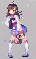 Rule 34 | 1girl, aged down, alternate costume, antenna hair, artist name, bad id, bad pixiv id, black bow, blue footwear, blue skirt, blush, bow, brown eyes, brown hair, d.va (overwatch), facepaint, facial mark, full body, grey background, gun, hanato (seonoaiko), holding, holding gun, holding weapon, kneehighs, korean clothes, leaning forward, long hair, long sleeves, looking at viewer, overwatch, overwatch 1, sash, shoes, simple background, skirt, smile, socks, solo, sparkle, weapon, whisker markings, white socks, wind chime