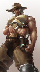 Rule 34 | 1boy, absurdres, bara, brown hair, cassidy (overwatch), cowboy, cowboy western, ha (pixiv 3270761), highres, male focus, muscular, naughty face, overwatch, overwatch 1, solo, undressing, western