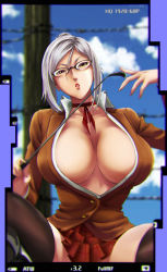Rule 34 | 10s, 1girl, black thighhighs, boots, breasts, brown eyes, cleavage, female focus, glasses, highres, huge breasts, looking at viewer, no bra, parted lips, prison school, school uniform, screencap, shiraki meiko, silver hair, sky, solo, stitched, tagme, thighhighs, third-party edit, uniform