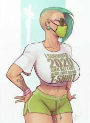 Rule 34 | 1girl, 2020, arm tattoo, asymmetrical hair, breasts, devilhs, earrings, green-tinted eyewear, green hair, green mask, green shorts, hands on own hips, highres, huge breasts, jewelry, looking to the side, mask, midriff, mouth mask, navel, original, pink-framed eyewear, print shirt, shirt, short hair, short shorts, short sleeves, shorts, sidecut, signature, solo, sphere earrings, sunglasses, tattoo, tinted eyewear, undercut, white shirt, wristband