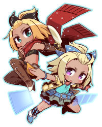 Rule 34 | 2girls, 7th dragon (series), 7th dragon iii, :o, argyle, argyle clothes, argyle legwear, bandeau, bangs pinned back, belt, belt buckle, black bandeau, black bow, blonde hair, blue belt, blue bow, blue footwear, blue shirt, blush, boots, bow, brown footwear, brown gloves, brown legwear, buckle, car, character request, chibi, closed mouth, collarbone, commentary request, dark-skinned female, dark skin, duelist (7th dragon), elbow gloves, fingerless gloves, forehead, fringe trim, gloves, green eyes, green skirt, hair bow, hand up, hatch (7th dragon), jacket, kneehighs, leather, leather gloves, long hair, looking at viewer, motor vehicle, multiple girls, naga u, navel, open clothes, open jacket, orange shorts, outstretched arm, parted lips, purple eyes, red scarf, rogue (7th dragon), scarf, shirt, short shorts, short sleeves, shorts, sidelocks, simple background, skirt, socks, thigh boots, thighhighs, transparent, v-shaped eyebrows, white background, yellow jacket