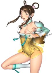 Rule 34 | 1girl, absurdres, blush, breasts, brown eyes, brown hair, cameltoe, cleft of venus, highres, kansuke, looking at viewer, navel, nipples, no bra, one eye closed, open mouth, simple background, smile, solo, soul calibur, soulcalibur, soulcalibur v, standing, white background, wink, yan leixia