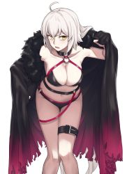 Rule 34 | 1girl, ahoge, bad id, bad twitter id, bikini, black bikini, black cape, black choker, breasts, cape, choker, cleavage, collarbone, commentary request, fate/grand order, fate (series), fur collar, hair between eyes, jeanne d&#039;arc alter (swimsuit berserker) (fate), jeanne d&#039;arc (fate), jeanne d&#039;arc alter (fate), jeanne d&#039;arc alter (swimsuit berserker) (fate), large breasts, long hair, michihasu, o-ring, o-ring bikini, o-ring bottom, o-ring top, open mouth, silver hair, simple background, solo, swimsuit, thigh strap, white background, yellow eyes