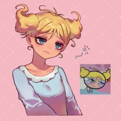 Rule 34 | 1girl, absurdres, blonde hair, blue eyes, blue pajamas, bubbles (ppg), buttercup redraw challenge (meme), cropped torso, derivative work, half-closed eyes, highres, meme, messy hair, pajamas, pink background, powerpuff girls, qiu ju, reference inset, screenshot inset, screenshot redraw, solo, twintails