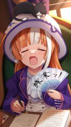 Rule 34 | 1girl, = =, akikawa yayoi (umamusume), animal, animal on head, blonde hair, blush, cat, chair, commentary request, fang, hat, highres, merxkialis, multicolored hair, on head, open mouth, paper, pen, table, tears, two-tone hair, umamusume, window