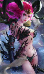 Rule 34 | 1girl, animal, armor, artist name, belt, bird, black panties, black thighhighs, blurry, bokeh, breasts, chain, cleavage, clenched hand, closed mouth, covering privates, covering breasts, cowboy shot, demon horns, depth of field, dove, earrings, facial mark, feathers, floating hair, gauntlets, hair slicked back, covering breasts, highleg, highleg panties, highres, horns, jewelry, league of legends, long hair, looking at viewer, medium breasts, midriff, monster girl, motion blur, navel, oreki genya, panties, pauldrons, pink lips, revealing clothes, shoulder armor, single horn, single thighhigh, skull, solo, sword, tattoo, thighhighs, tiara, underwear, weapon, zyra