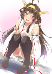 Rule 34 | 1girl, ahoge, bare shoulders, black thighhighs, blush, boots, breasts, brown hair, detached sleeves, double bun, hair bun, hairband, headgear, highres, japanese clothes, kantai collection, kongou (kancolle), long hair, looking at viewer, mtu (orewamuzituda), nontraditional miko, open mouth, panties, pantyshot, ribbon-trimmed sleeves, ribbon trim, simple background, skirt, smile, solo, squatting, thigh boots, thighhighs, underwear