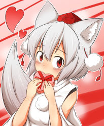 Rule 34 | 1girl, animal ears, bare shoulders, blush, breasts, detached sleeves, elu butyo, hat, heart, highres, inubashiri momiji, looking at viewer, pom pom (clothes), red eyes, short hair, silver hair, solo, tail, tokin hat, touhou, valentine, wolf ears, wolf tail