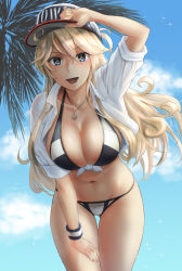 Rule 34 | 1girl, alternate costume, anchor necklace, baseball cap, bikini, blonde hair, blue bikini, blue eyes, breasts, cloud, cowboy shot, day, front-tie top, hair between eyes, hat, highres, iowa (kancolle), kantai collection, kokuzou, large breasts, leaning forward, looking at viewer, multicolored bikini, multicolored clothes, navel, necklace, open mouth, outdoors, palm tree, shirt, short sleeves, sky, solo, star-shaped pupils, star (symbol), swimsuit, symbol-shaped pupils, tied shirt, tree, white bikini, white shirt