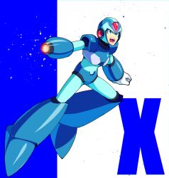 Rule 34 | 1boy, android, arm cannon, armor, blue armor, blue background, blue footwear, blue helmet, boots, character name, commentary, forehead jewel, full body, green eyes, helmet, male focus, mega man (series), mega man x (series), shoulder armor, simple background, solo, sznami129, weapon, white background, x (mega man), x buster