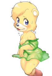 Rule 34 | 1girl, absurdres, bad id, bad twitter id, blonde hair, blush, boots, breasts, cleavage, dress, female focus, furry, furry female, green dress, gummi bears, highres, off shoulder, open mouth, simple background, solo, sunni gummi, sweat, tory (tory29), white background, yellow fur