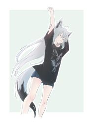 Rule 34 | 1girl, ahoge, animal ears, bare arms, bare legs, black shirt, feet out of frame, fox ears, fox tail, highres, hololive, long hair, shirakami fubuki, shirt, short sleeves, shorts, silver hair, simple background, sketch, solo, stretching, stretched limb, sumo!, tail, twitter username, very long hair, virtual youtuber