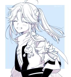 Rule 34 | 1boy, :d, ahoge, blue background, blush, border, closed eyes, collared jacket, facing viewer, floating hair, forehead, from side, greyscale with colored background, grin, highres, honkai: star rail, honkai (series), jacket, long hair, long sleeves, ma (mchsrti), male focus, monochrome, open mouth, outside border, parted bangs, ponytail, sidelocks, simple background, smile, solo, teeth, upper body, white border, yanqing (honkai: star rail)