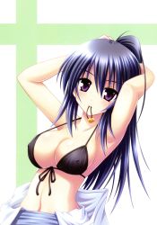 Rule 34 | 1girl, absurdres, adjusting hair, armpits, arms up, asymmetrical breasts, bikini, bikini top only, blue hair, breasts, cleavage, covered erect nipples, front-tie bikini top, front-tie top, hair bobbles, hair ornament, halterneck, highres, large breasts, looking at viewer, matra milan, mouth hold, no shirt, noihara himari, official art, omamori himari, ponytail, purple eyes, shiny skin, skindentation, strap gap, swimsuit, topless male