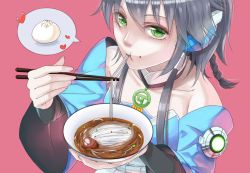 Rule 34 | 1girl, bad id, bad pixiv id, baozi, bowl, chopsticks, eating, food, food on face, green eyes, grey hair, hair tubes, heart, luo tianyi, noodles, solo, soup, tripletype, vocaloid, vocanese
