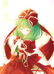 Rule 34 | 1girl, artist name, bow, closed eyes, dress, frilled ribbon, frills, front ponytail, gradient background, green hair, hacko, hair ribbon, hands on own chest, highres, kagiyama hina, layered dress, long hair, own hands together, puffy short sleeves, puffy sleeves, ribbon, short sleeves, simple background, smile, solo, touhou, wrist ribbon