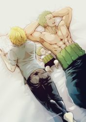 Rule 34 | 2boys, armpits, baby, bara, biceps, black pants, blonde hair, couple, family, father and son, feet out of frame, green hair, husband and husband, lying, male focus, multiple boys, muscular, muscular male, on back, on stomach, one piece, pants, pectorals, pra (prapon0904), reading, roronoa zoro, sanji (one piece), scar, scar on chest, short hair, sideburns, sleeping, yaoi