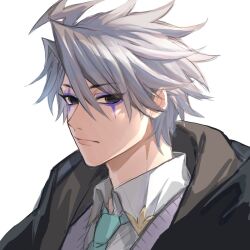 Rule 34 | 1boy, aqua necktie, black coat, black eyes, closed mouth, coat, collared shirt, eyeliner, fate/grand order, fate (series), frontierpax, grey hair, hair between eyes, highres, james moriarty (ruler) (fate), looking at viewer, male focus, necktie, purple eyeliner, shirt, simple background, solo, upper body, white shirt