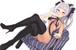 Rule 34 | 1girl, animal ear fluff, animal ears, bikini, black bow, black ribbon, blunt bangs, blush, boots, bottomless, bow, breasts, cat ears, crossed legs, finger to tongue, genmon, hair bow, hair intakes, hair ribbon, halterneck, high heel boots, high heels, hololive, long hair, looking at viewer, murasaki shion, murasaki shion (hololive summer 2019), ribbon, silver hair, simple background, sitting, smile, solo, swimsuit, thigh boots, thighhighs, tongue, tongue out, virtual youtuber, white background