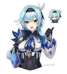 Rule 34 | 1girl, :d, black gloves, black hairband, blue hair, breasts, chibi, commentary request, cropped torso, eula (genshin impact), genshin impact, gloves, hair ornament, hairband, large breasts, long hair, long sleeves, looking at viewer, multiple views, open mouth, shimanakao (shimanaka sushi), shirt, simple background, smile, upper body, white background, white shirt, yellow eyes