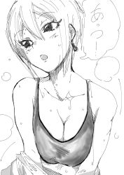Rule 34 | 1girl, bare shoulders, blush, bra, breasts, check commentary, cleavage, collarbone, commentary, commentary request, earrings, eyelashes, flying sweatdrops, greyscale, hair between eyes, head tilt, highres, idolmaster, idolmaster cinderella girls, jewelry, large breasts, looking to the side, monochrome, motion lines, open mouth, purivizi3, shiomi syuko, short hair, sketch, solo, speech bubble, sports bra, steam, steaming body, sweat, translation request, underwear, undressing, unworn shirt, upper body, very sweaty