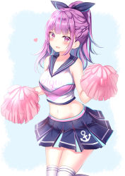 Rule 34 | 1girl, absurdres, ahoge, bare arms, bare shoulders, black skirt, braid, breasts, cheerleader, collarbone, crop top, hair ribbon, heart, highres, holding, holding pom poms, hololive, long hair, looking at viewer, medium breasts, midriff, minato aqua, miniskirt, multicolored hair, navel, open mouth, pleated skirt, pom pom (cheerleading), pom poms, ponytail, purple eyes, purple hair, ribbon, sailor collar, shirt, sidelocks, skirt, sleeveless, sleeveless shirt, smile, solo, stomach, streaked hair, thighhighs, thighs, virtual youtuber, white shirt, white thighhighs, yuano, zettai ryouiki